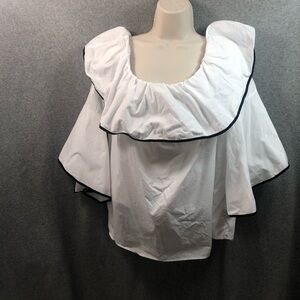 No Comment Plus White Ruffled Off-Shoulder Blouse with Black Trim